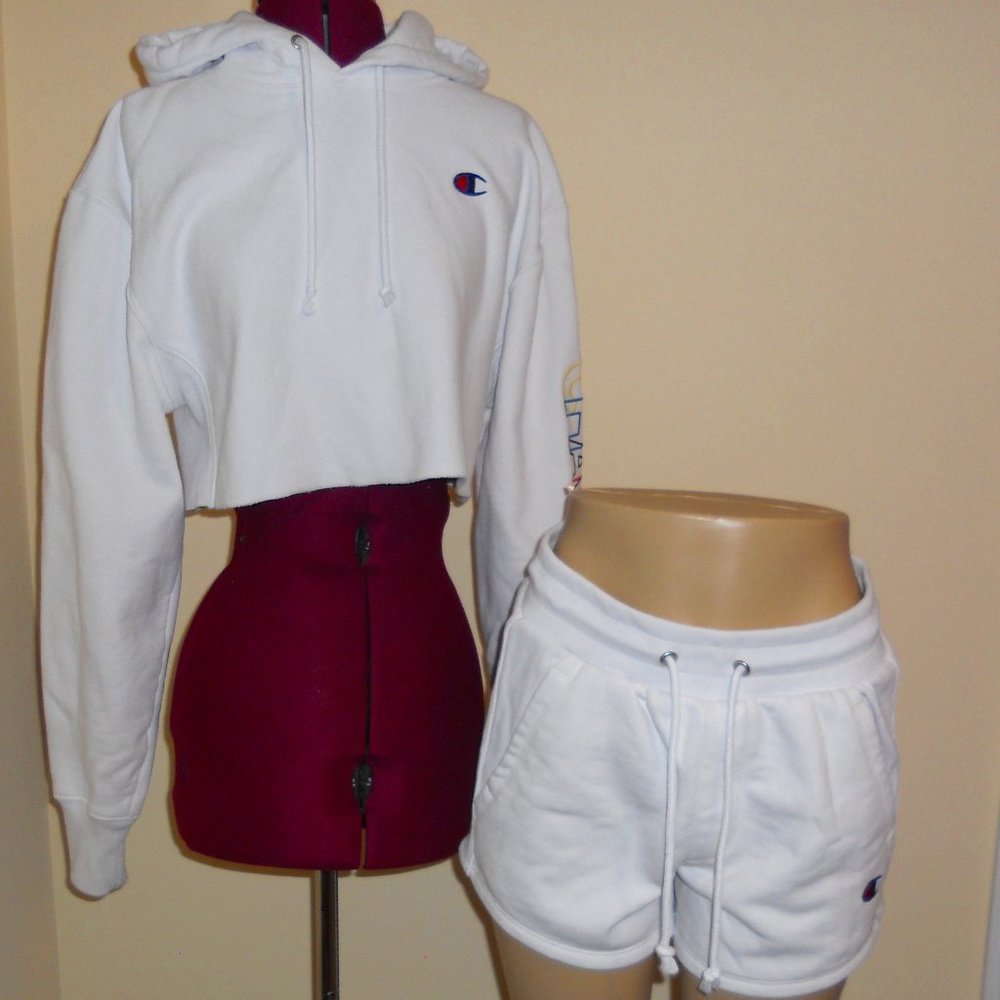Champion Reverse Weave S White Cropped Hoodie Sweatshirt, Matching Shorts